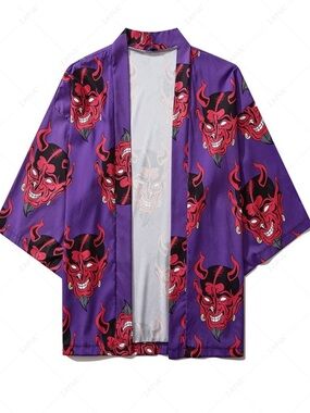 Purple Satin Kimono Jacket with Red Devil Print